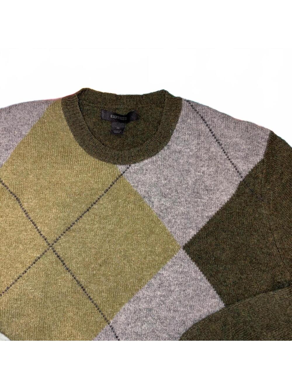 Express $120 100% Lambs Wool Mens M Argyle Pattern Wool Sweater Medium